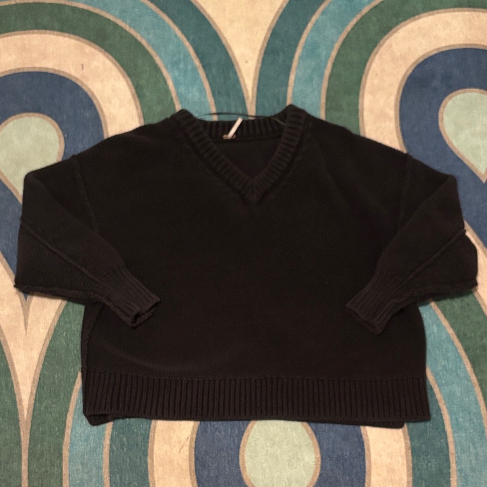 Free People Oversized Washed Black V-Neck Knit Sweater